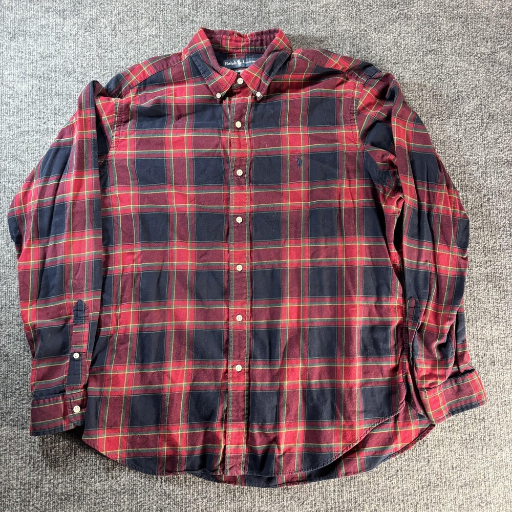 Ralph Lauren Shirt Mens XL Red Navy Plaid Flannel Button Down Long Sleeve Top